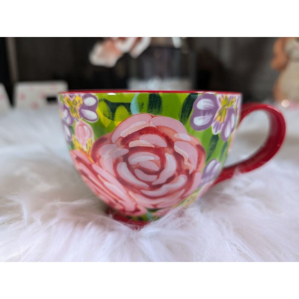 Potter's Studio Footed Coffee Red Mug with Beautiful Colorful Flowers New